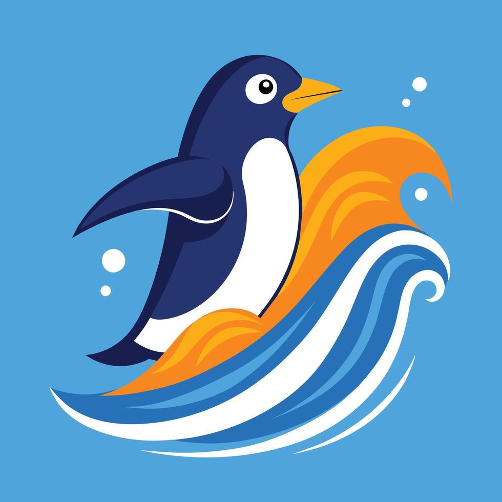 Solid color penguin surfing in wave with lines wave art style illustration design vector