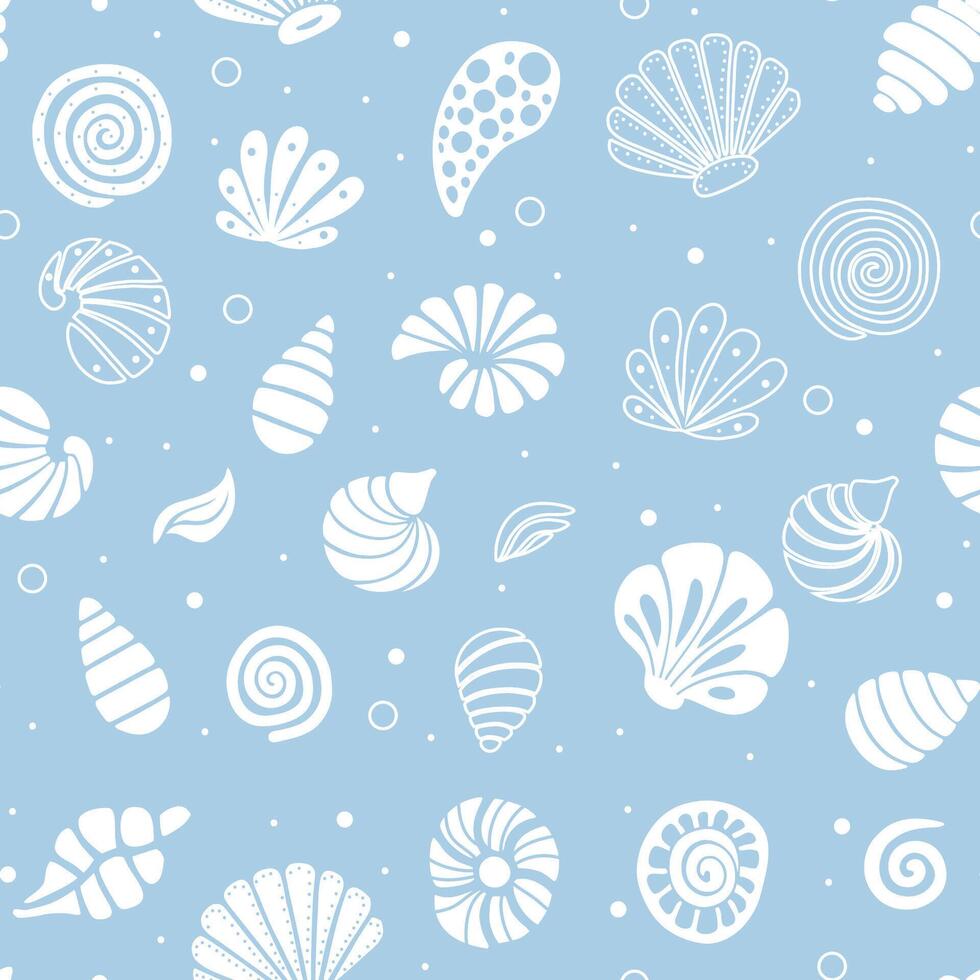 Pattern with Sea Shells on light blue Background. Hand drawn backdrop with Sea Shells for wrapping paper or textile design. vector