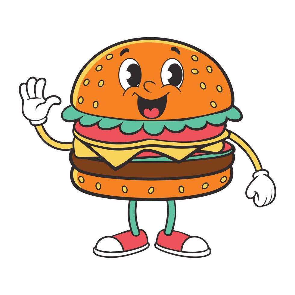 Trendy groovy fast food sticker set. Cheerful hamburger character. illustration of fast food. vector