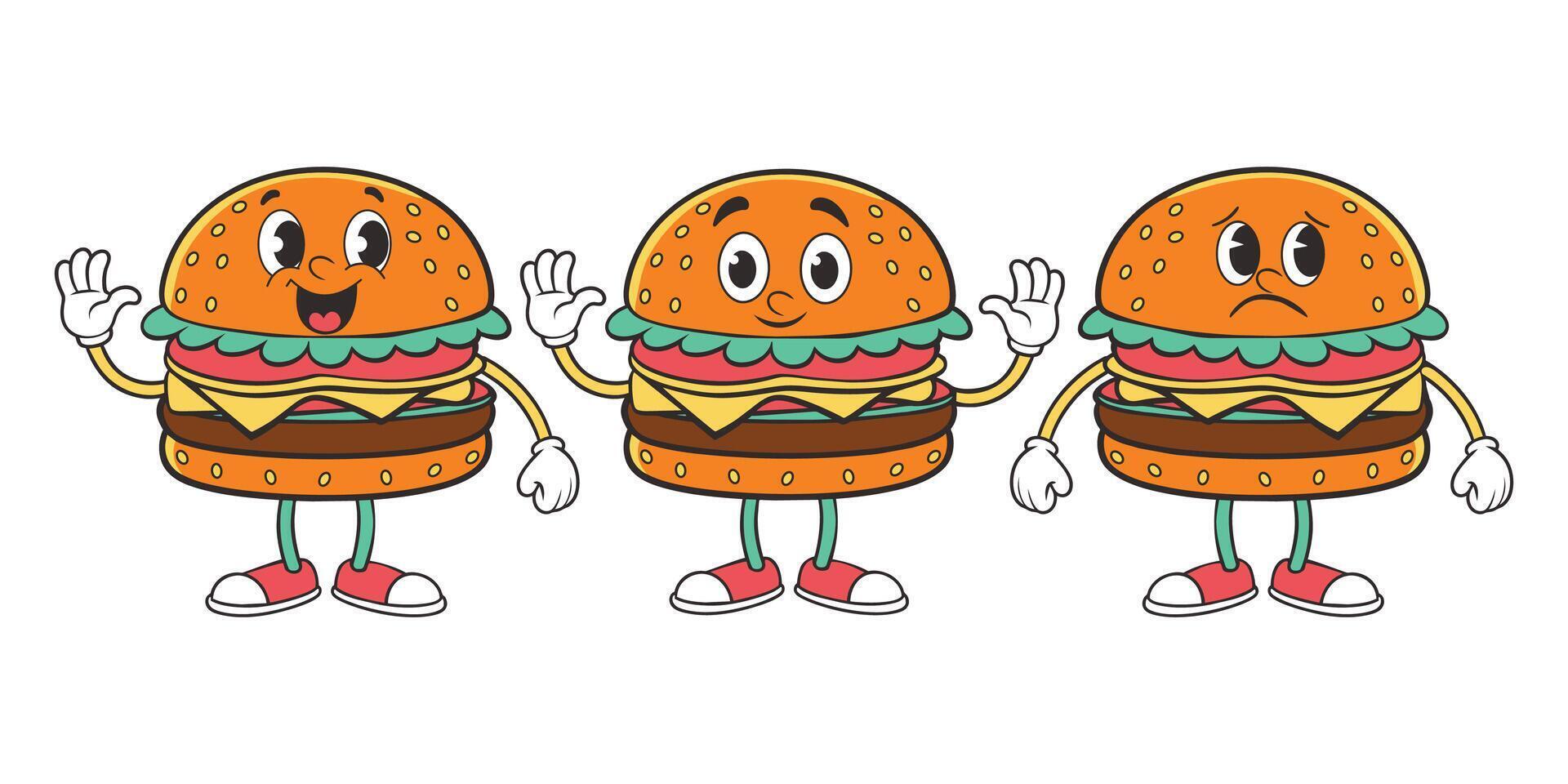 Trendy groovy fast food sticker set. Cheerful hamburger character. illustration of fast food. vector