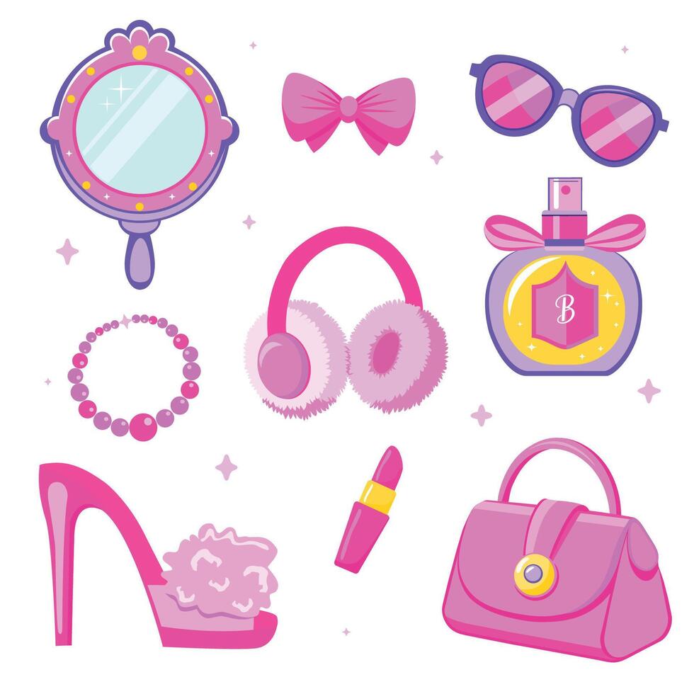 Pink trendy set, pink doll aesthetic accessories. Barbiecor set vector