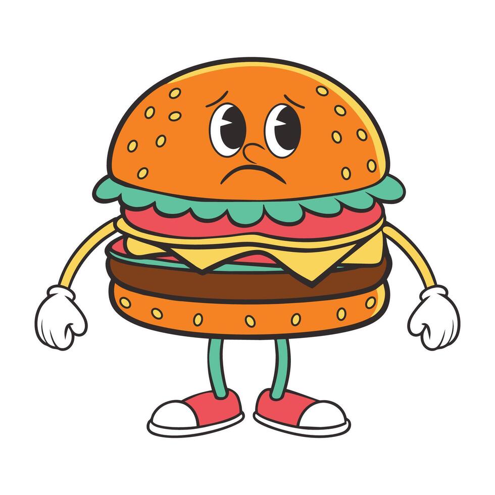 Trendy groovy fast food sticker set. Cheerful hamburger character. illustration of fast food. vector