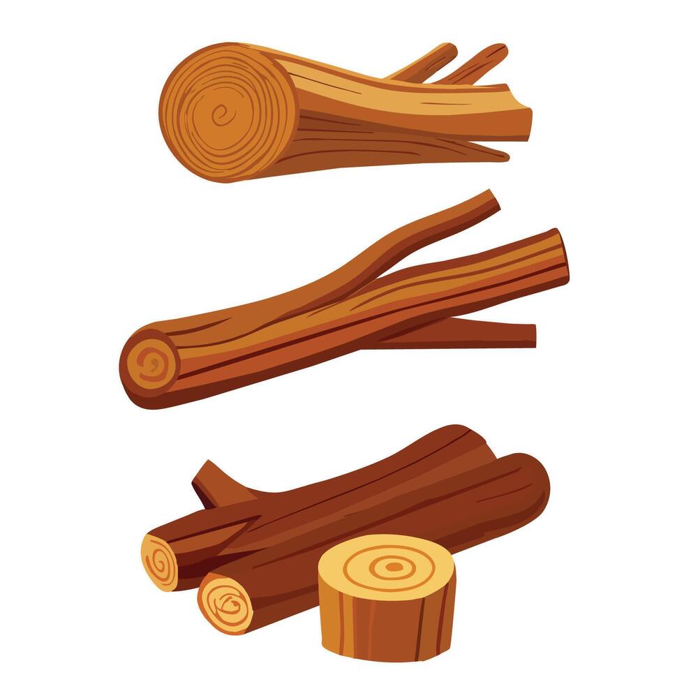 Lumber industry wood logs. Tree trunks, stumps, planks, piled firewood. Hardwood timber materials for lumber industry set. vector