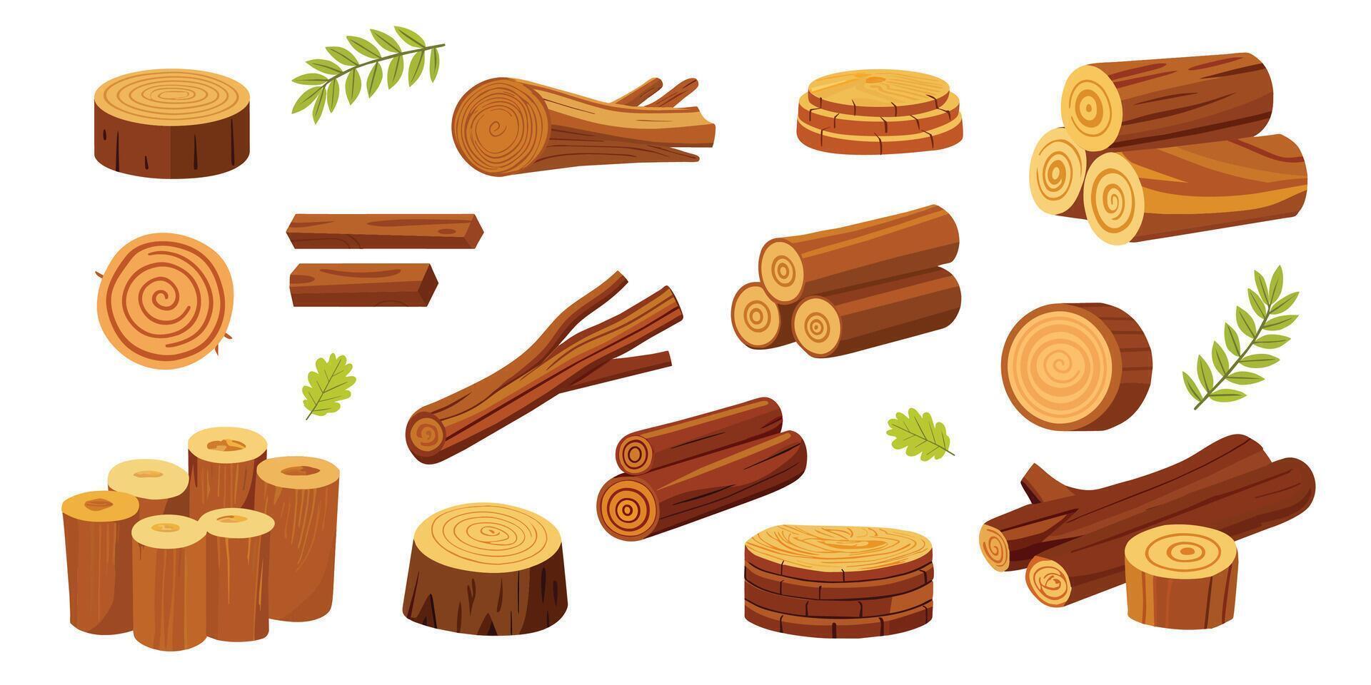 Lumber industry wood logs. Tree trunks, stumps, planks, piled firewood. Hardwood timber materials for lumber industry set. vector