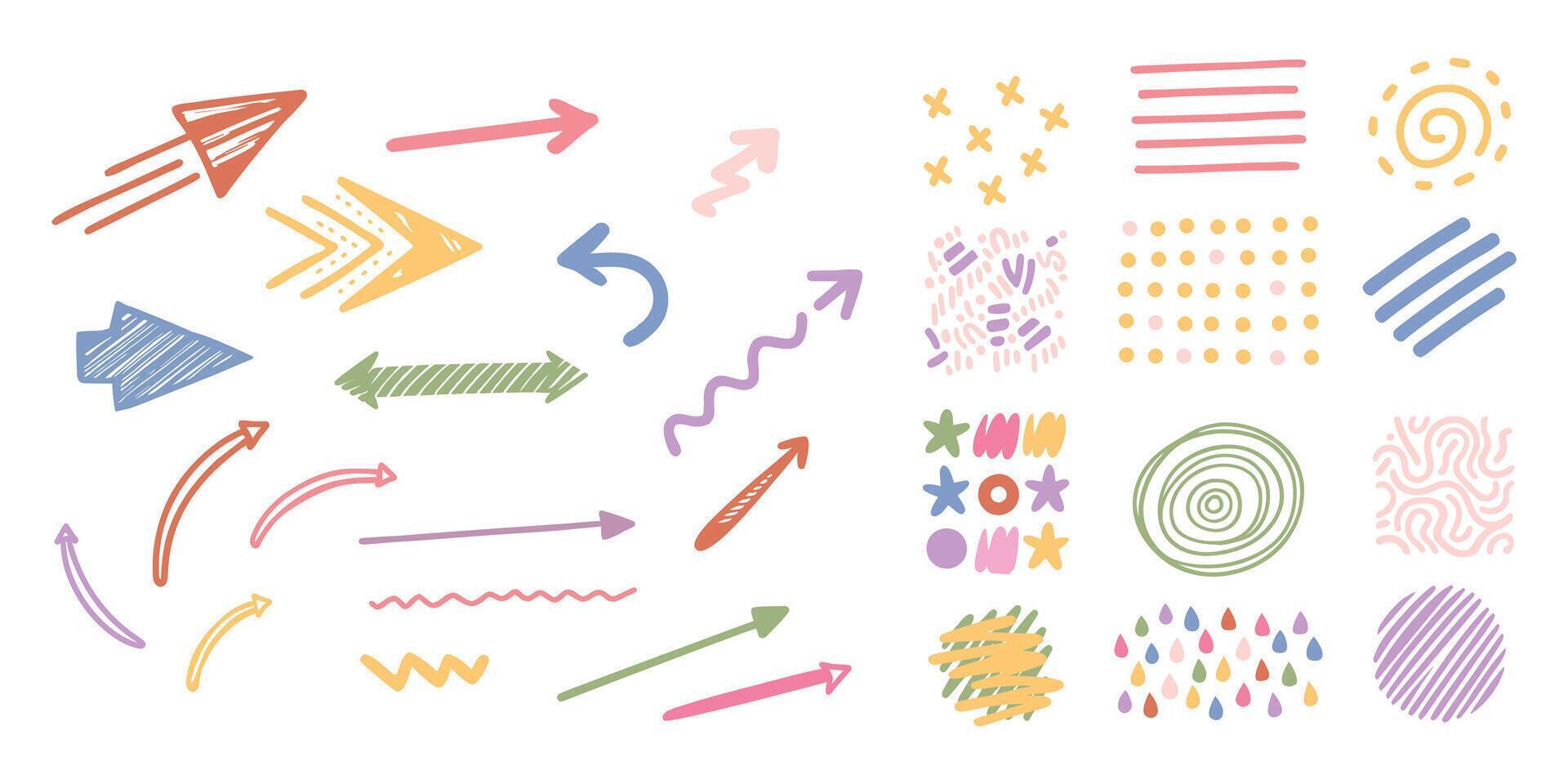 Arrow doodle. Abstract line pencil colorful isolated elements for presentation, brush curve icon, spiral hand texture, cartoon twist, grunge sketch square stroke, sign simple. garish art vector