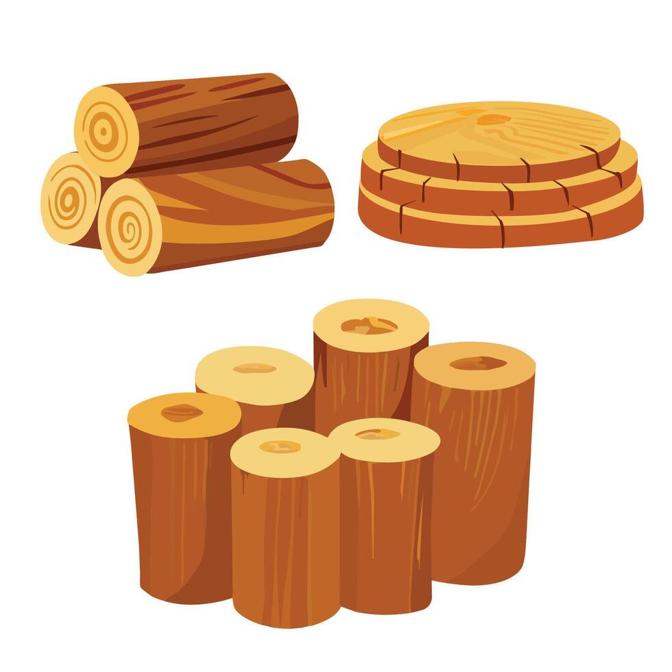 Lumber industry wood logs. Tree trunks, stumps, planks, piled firewood. Hardwood timber materials for lumber industry set. vector