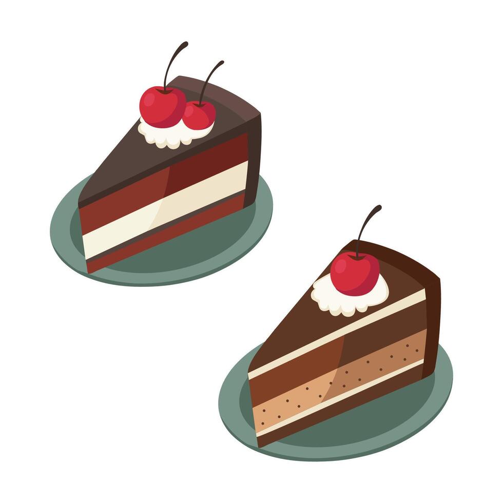 Black forest or schwarzwald cake sweet pasty or dessert from germany with cherrys on the plate.Different pieces. illustration vector
