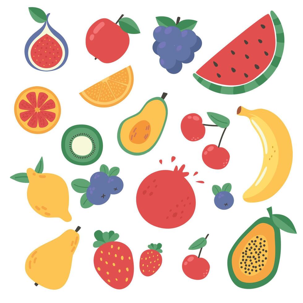 Adobe Illustrator ArtworkFruits and berries icons set in flat style. illustration. vector
