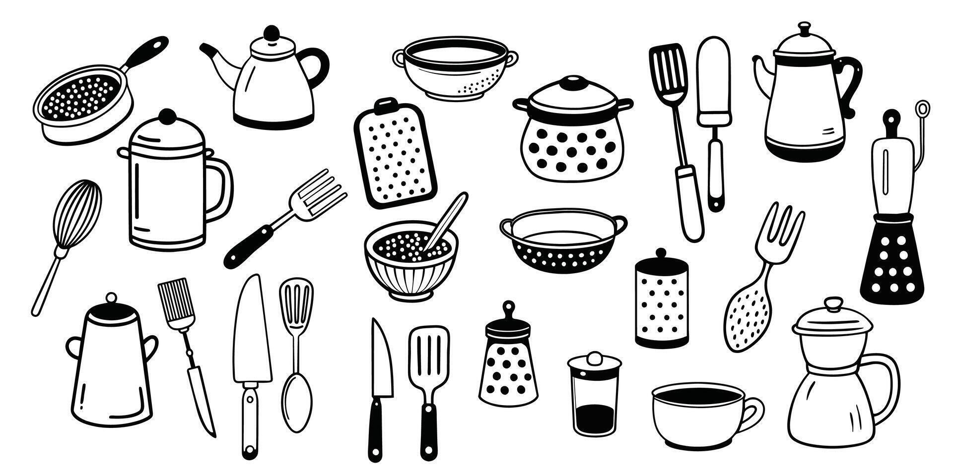 Kitchen utensils set in doodle style. Hand drawn sketches of different cooking tools. Black and white objects on isolated background. vector
