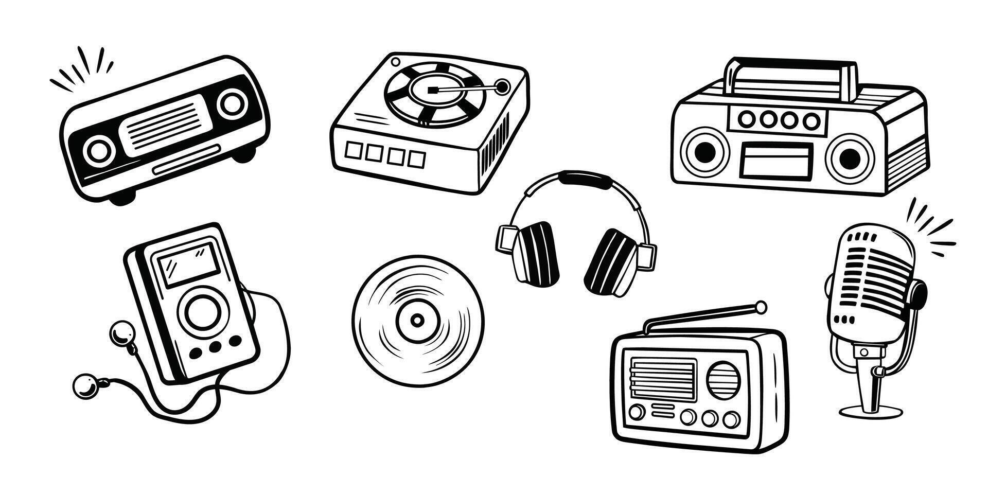 Tape recorders and magnetophones from past, vintage and retro stereo systems. Headphones and recording gadgets, audio with antenna. Cassettes portable loudspeakers, vector