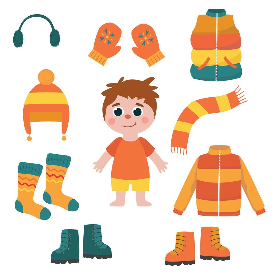 A child and a set of winter clothes. vector