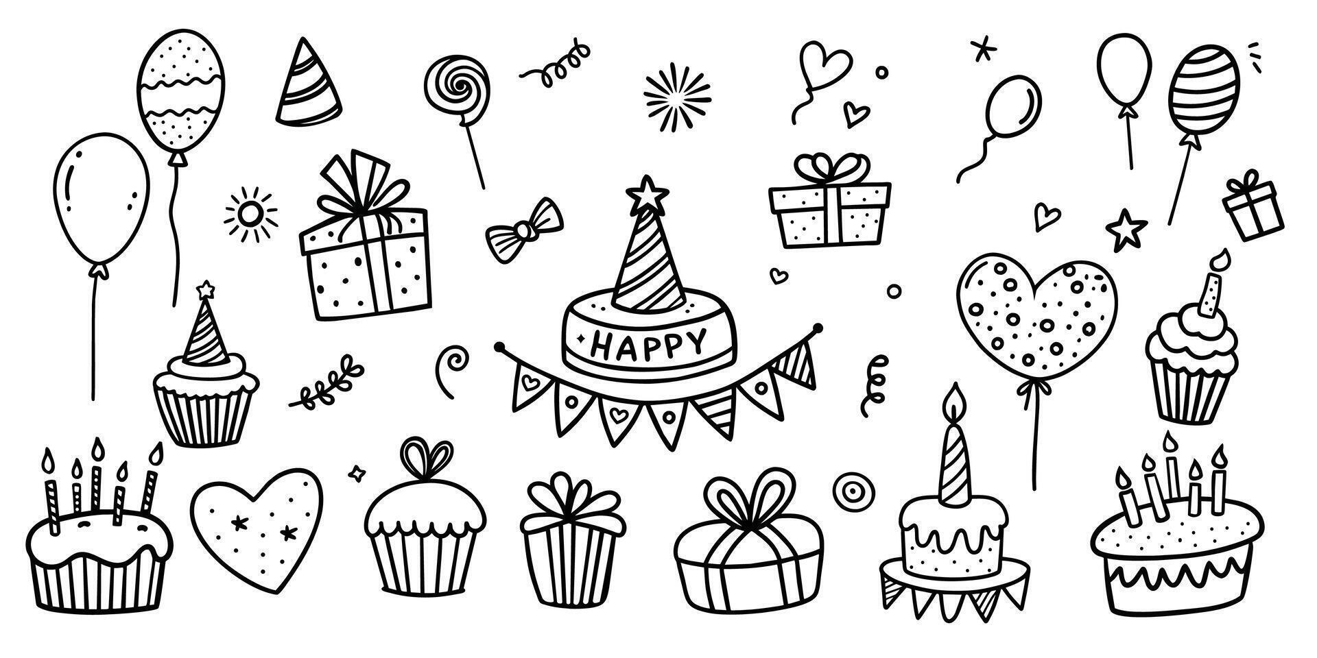 Set of party doodle. Sketch of Birthday decoration, gift box, cake, party hats in sketch style. Hand drawn illustration isolated on white background. vector