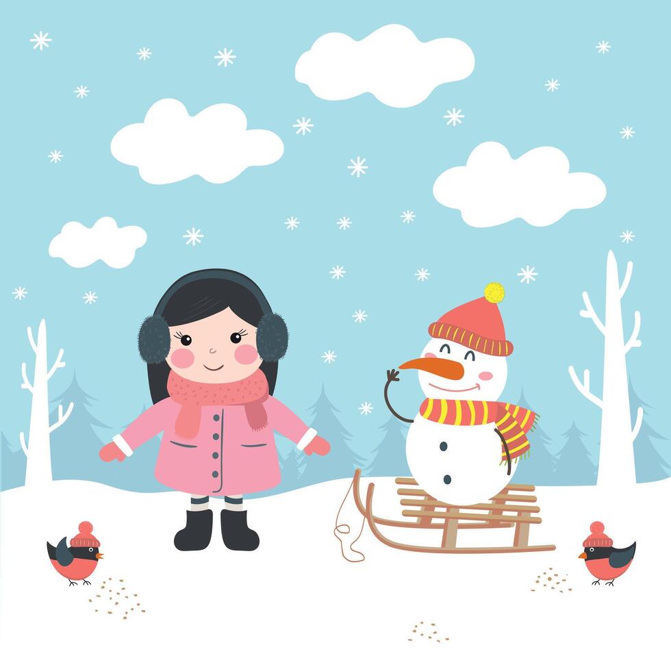 A girl and a snowman. Winter outdoor activities vector