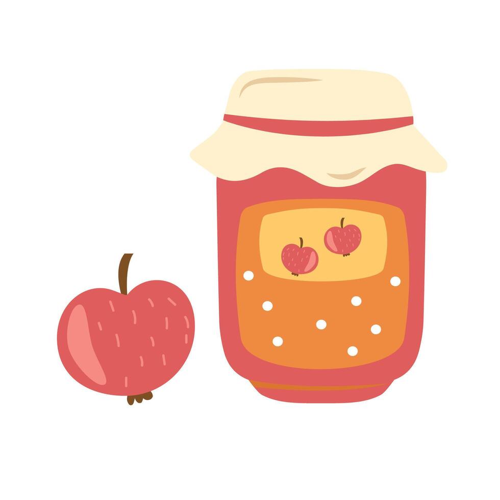 Jam jar and apple. Hand drawn illustration in cartoon style. vector