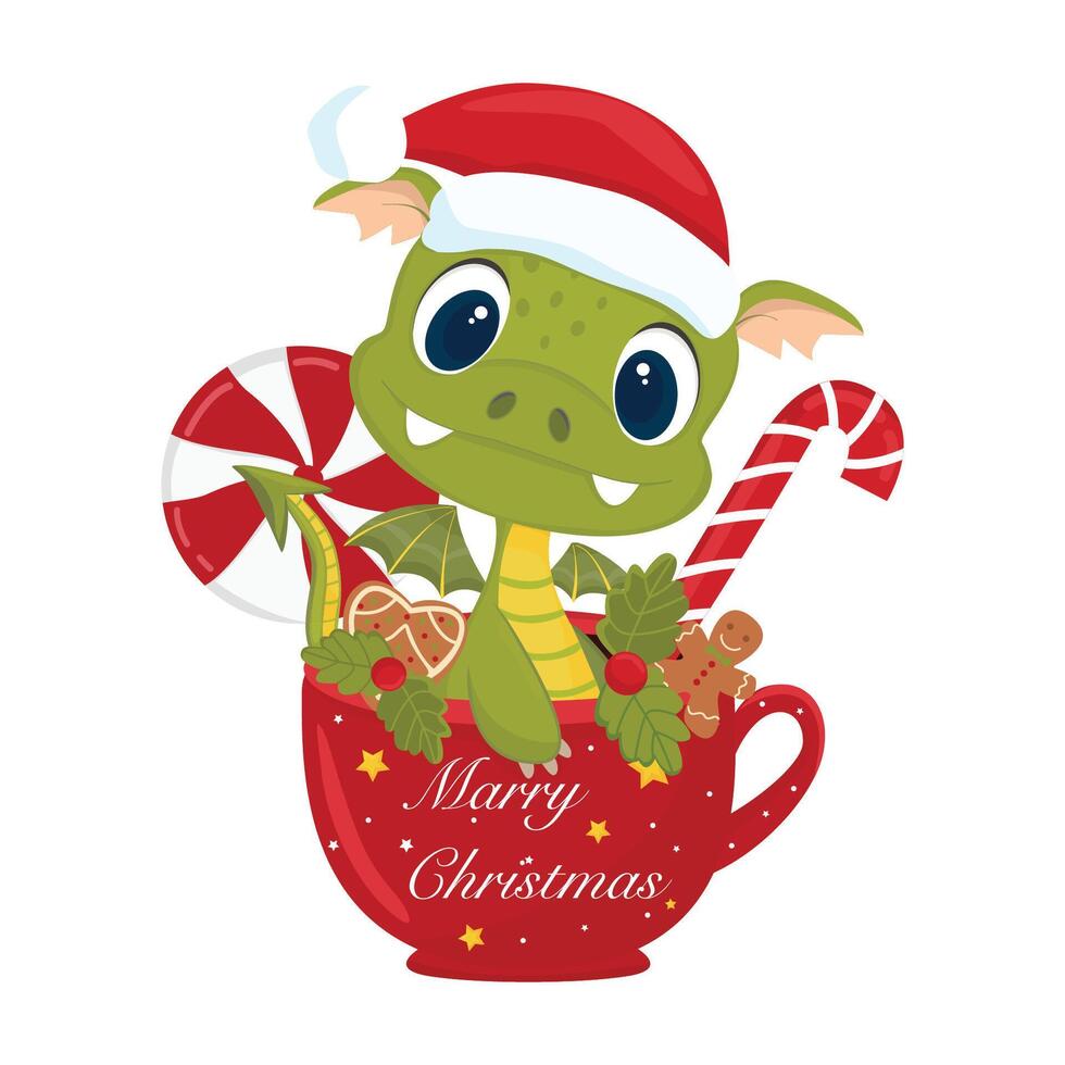 Cute little green dragon in a cup. Sweets in a cup, lollipops, caramel. On a white background. Christmas festive holiday cute mugs. New year drinks decorated with candy. vector