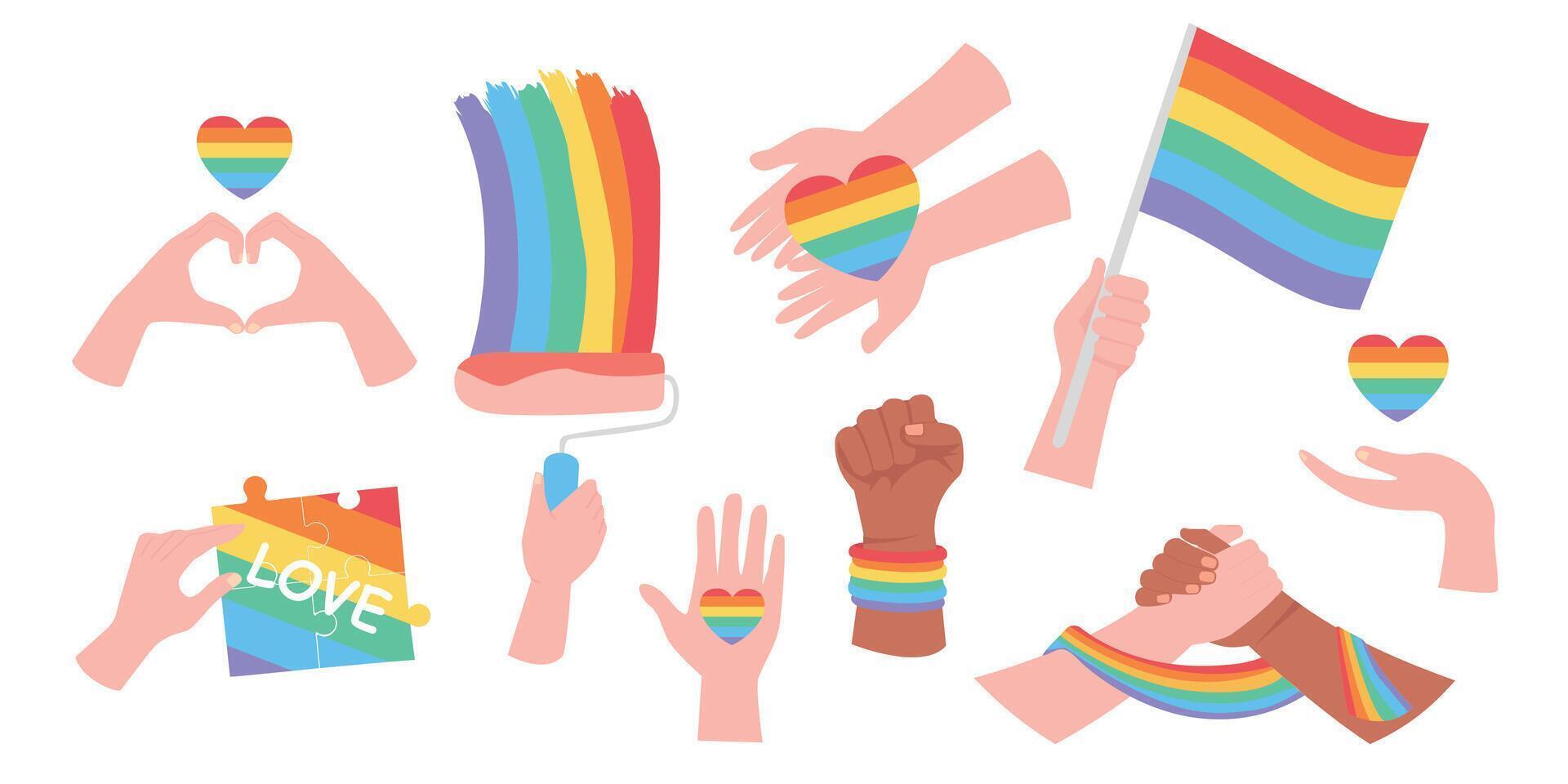 Flat LGBTQ pride stickers set. Symbol of the LGBT pride community. Rainbow elements. Bisexual, transgender, gender equality or relationship rights concept. vector
