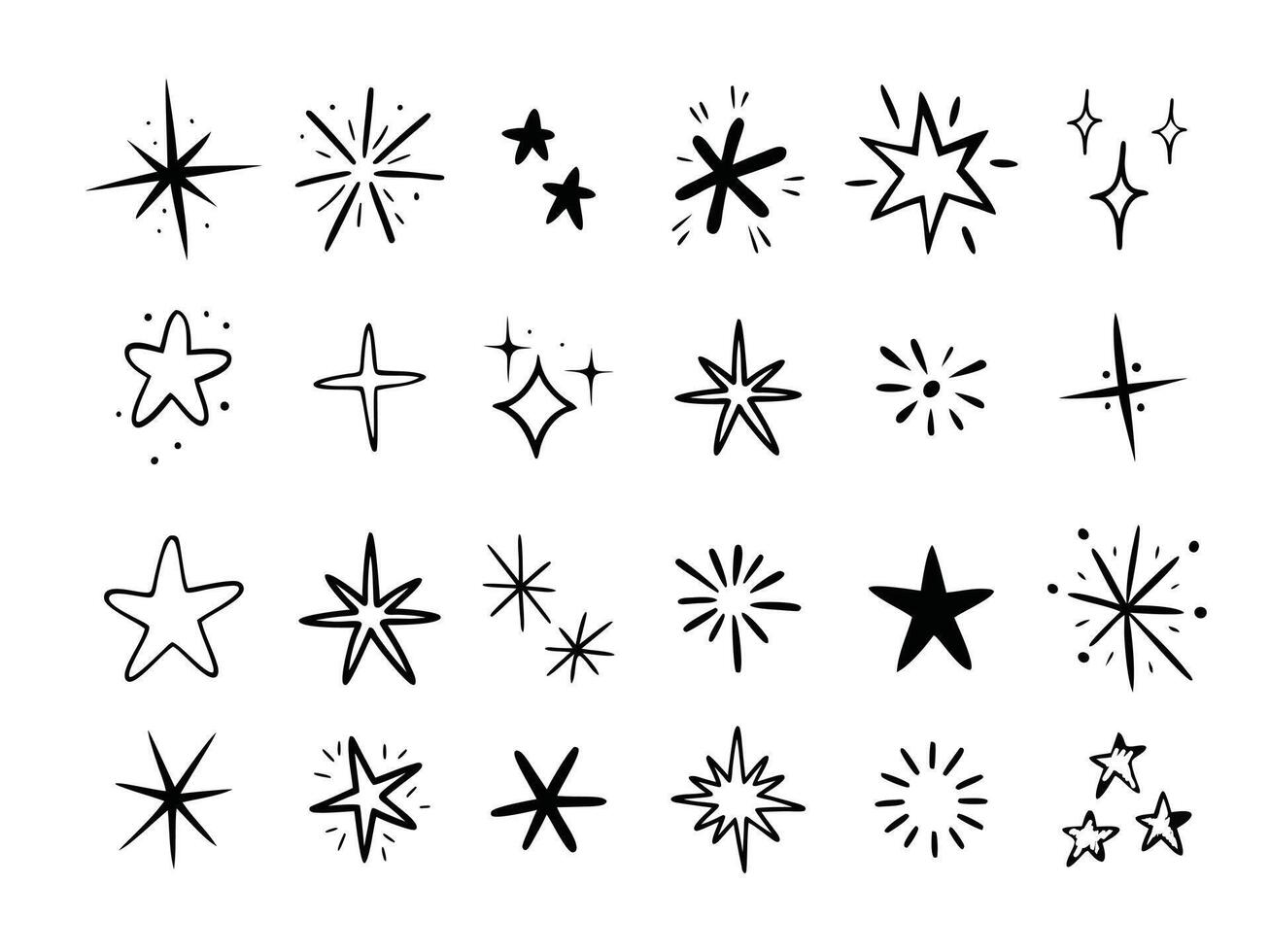 Set of hand drawn hand drawn doodle stars and sparkles. Isolated on white background. illustration. vector
