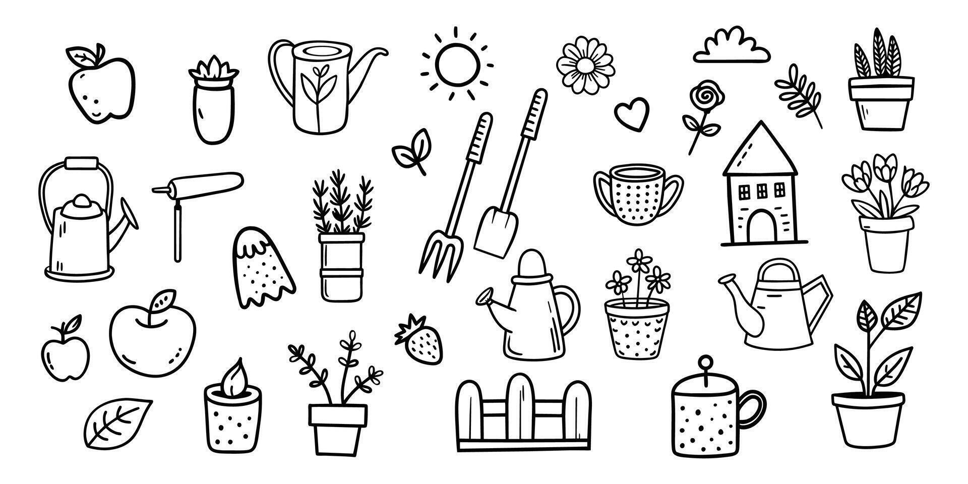 Doodle icons garden.Set hand drawn isolated elements. Gardening. Springtime. Black and white set of garden tools, seedlings, flower isolated on white background. vector
