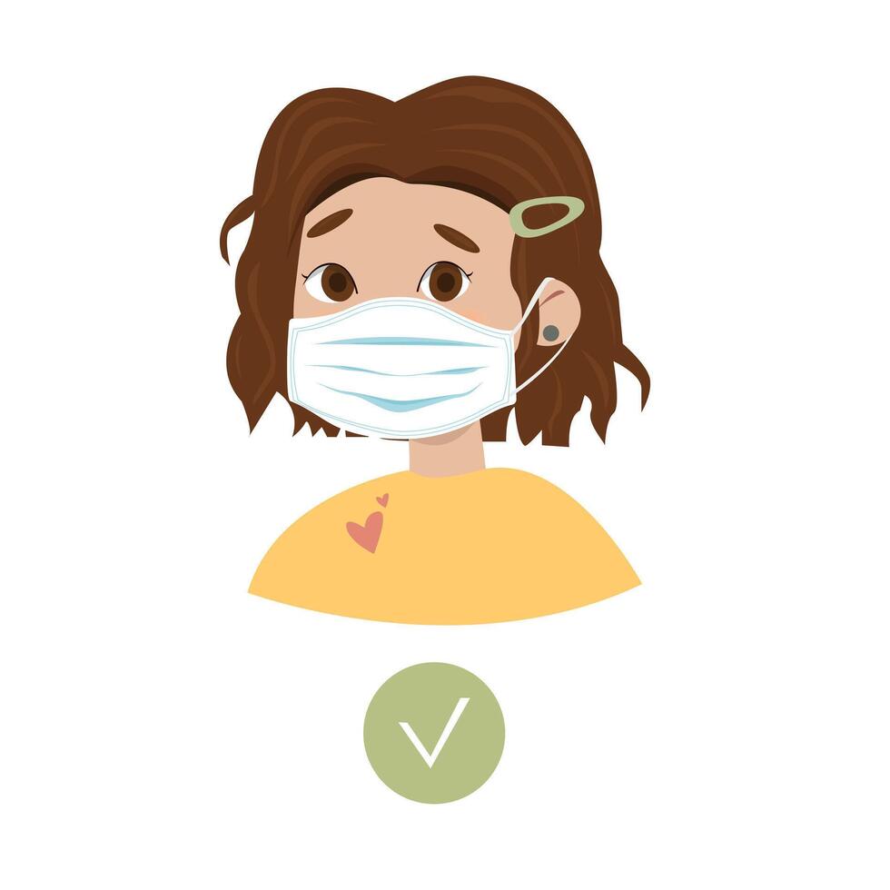 The girl in the mask. Protective medical mask and the rule of how to wear a mask vector