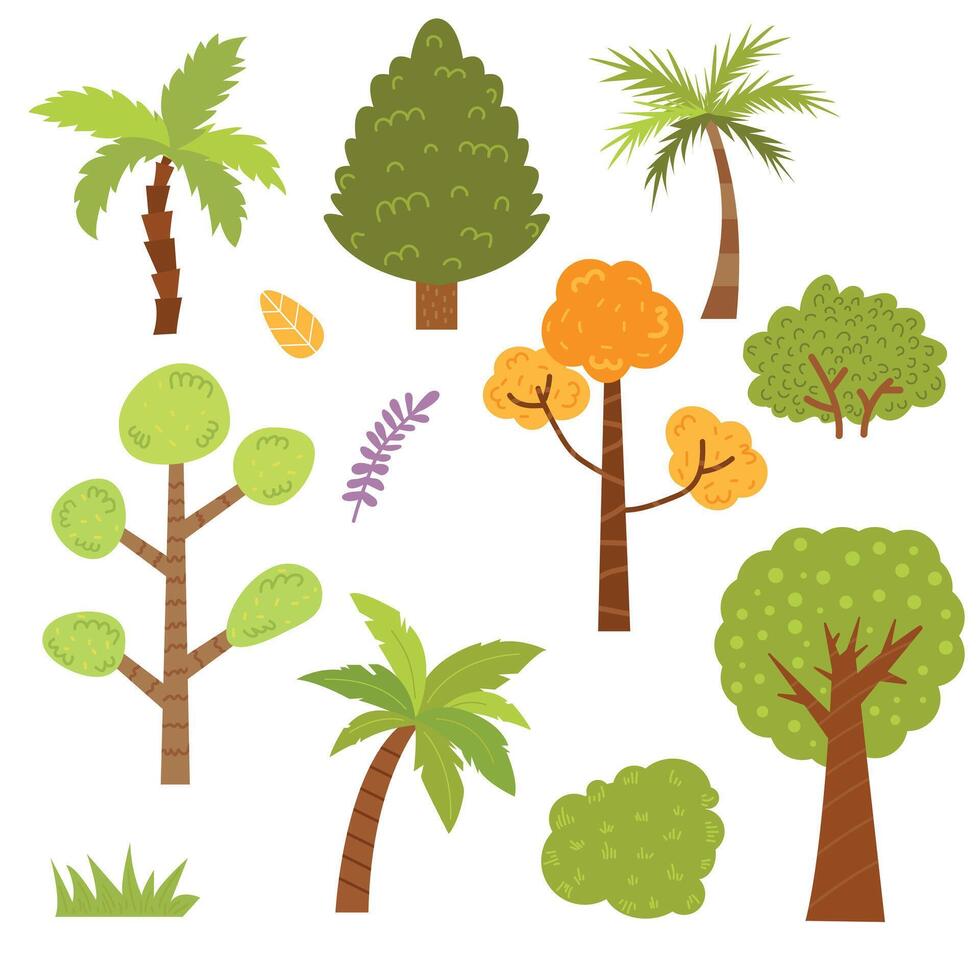 Set of different trees with green leaves on white background. vector