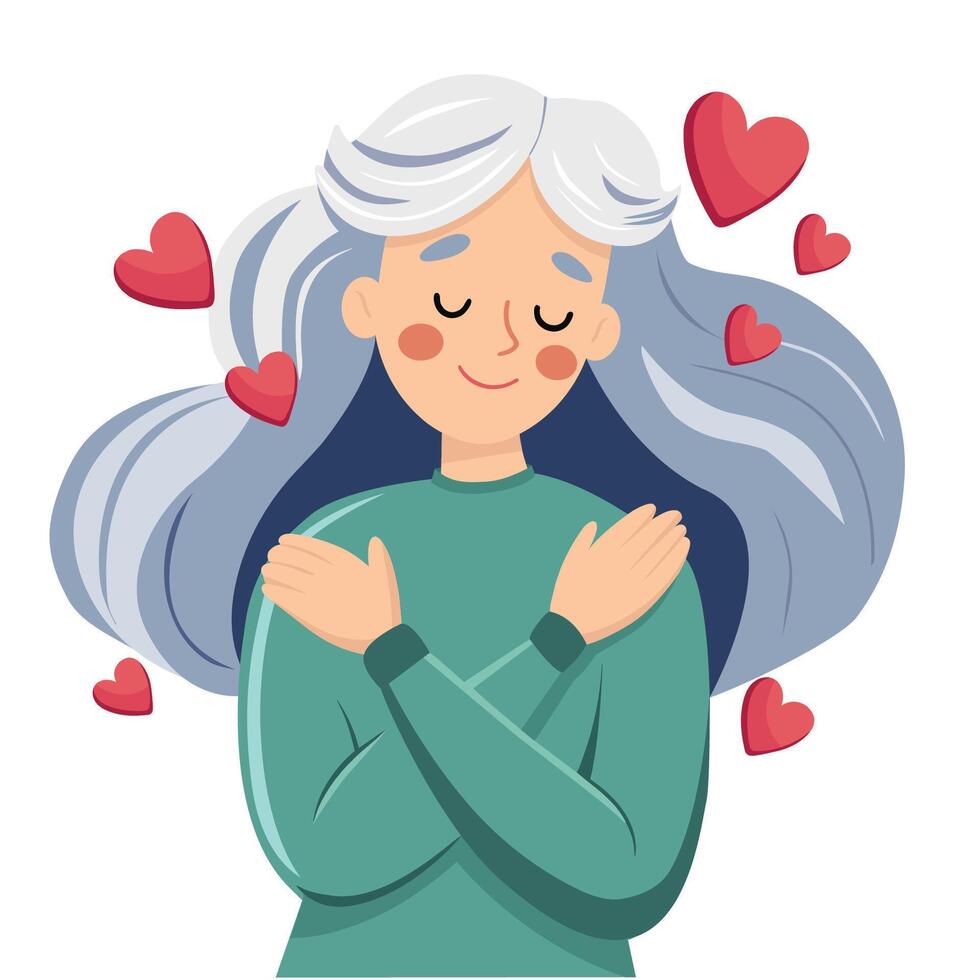 Love yourself. A lovely older woman hugging herself. Concept of loving your body. Flat illustration, vector