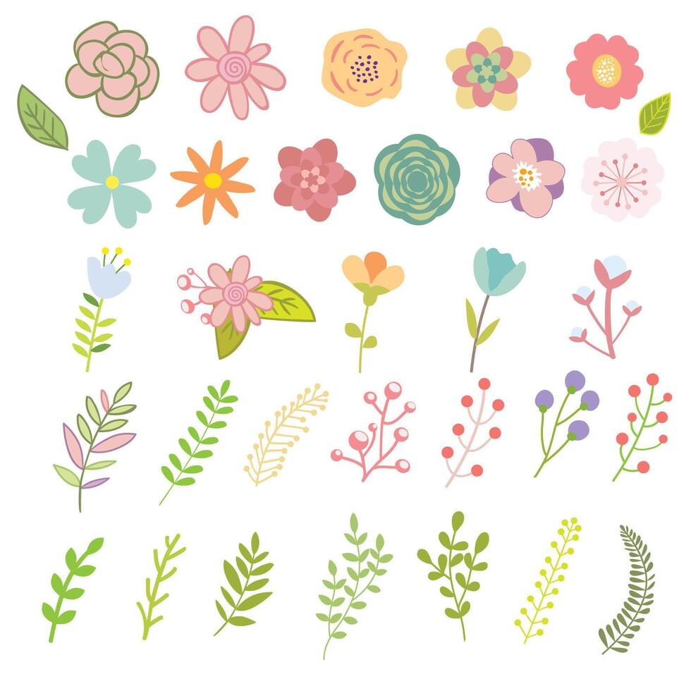 Set of flowers, leaves, twigs, branches vector