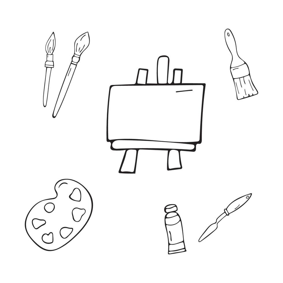 A set of doodle drawings is an artist's set of palettes for drawing, brushes and paints on a white background. vector