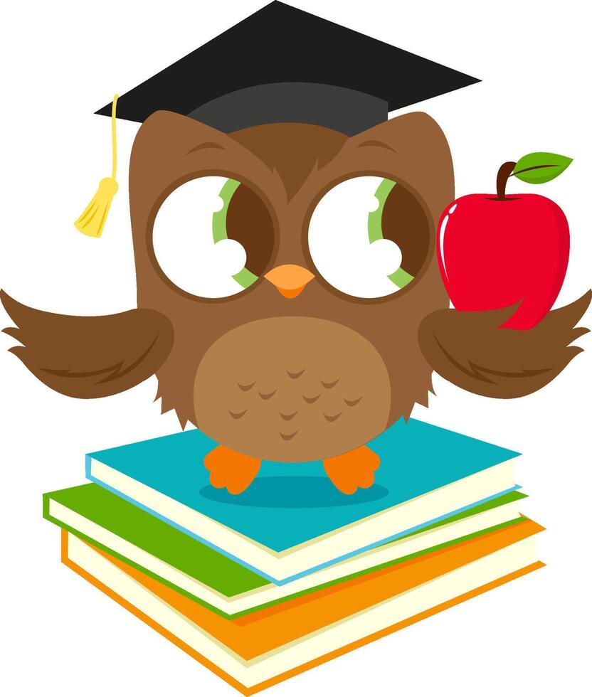 Cute owl bird wise professor with a mortarboard hat, sitting on a stack of books and holding a red apple. Owl teacher bird and in the school classroom. vector