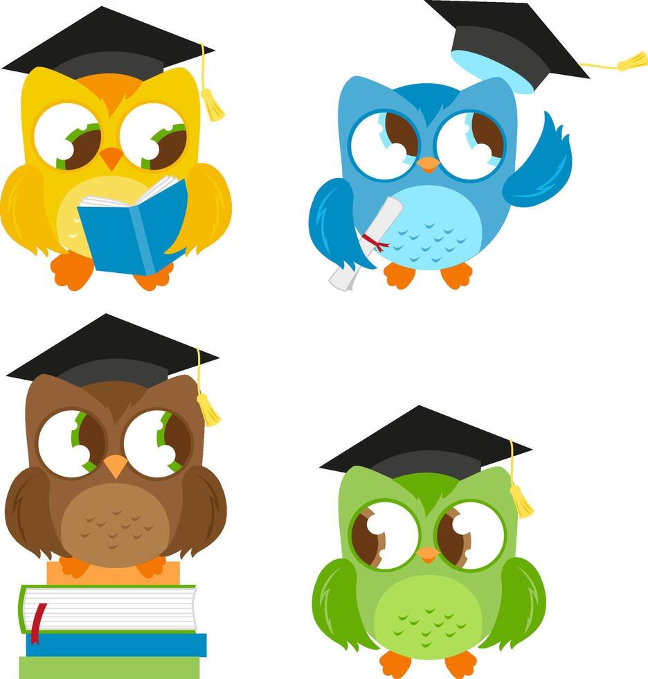 Set of cute owls with mortarboard hats. Children graduation from school. Owl teacher and students in the classroom. vector