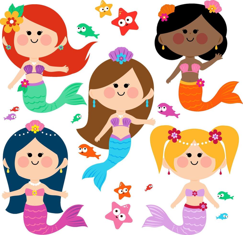 Pretty mermaid princess girls and fish underwater. Cute mermaid princesses, fish and starfish swim under the sea. vector