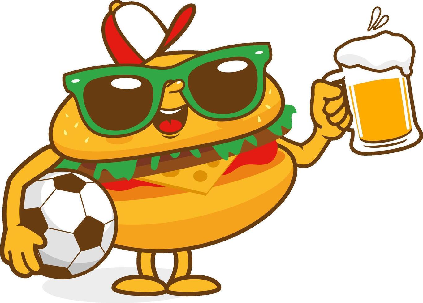 Cartoon hamburger character holding a glass of beer and a soccer ball. Fast food burger character with drink. vector