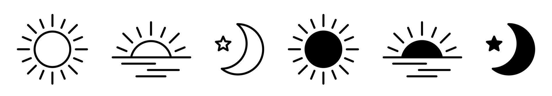 Time of the day signs. Rising and setting sun icon, crescent moon and stars, day and night time symbols. vector
