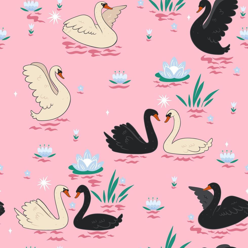 Seamless pattern with swans on the pond. graphics. vector