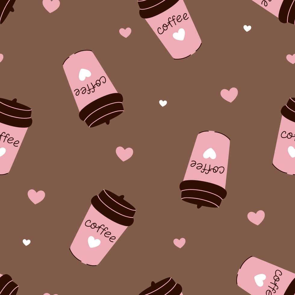 Simple seamless pattern with coffee cups and hearts. graphics. vector