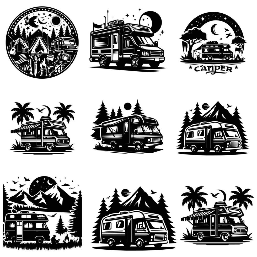 camp illustration of a camper's paradise, with trees, mountains, and a camp car black vector