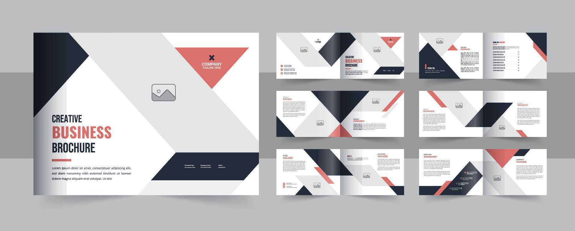Landscape business brochure design, company portfolio brochure or company profile brochure design with cover, back and inside pages vector