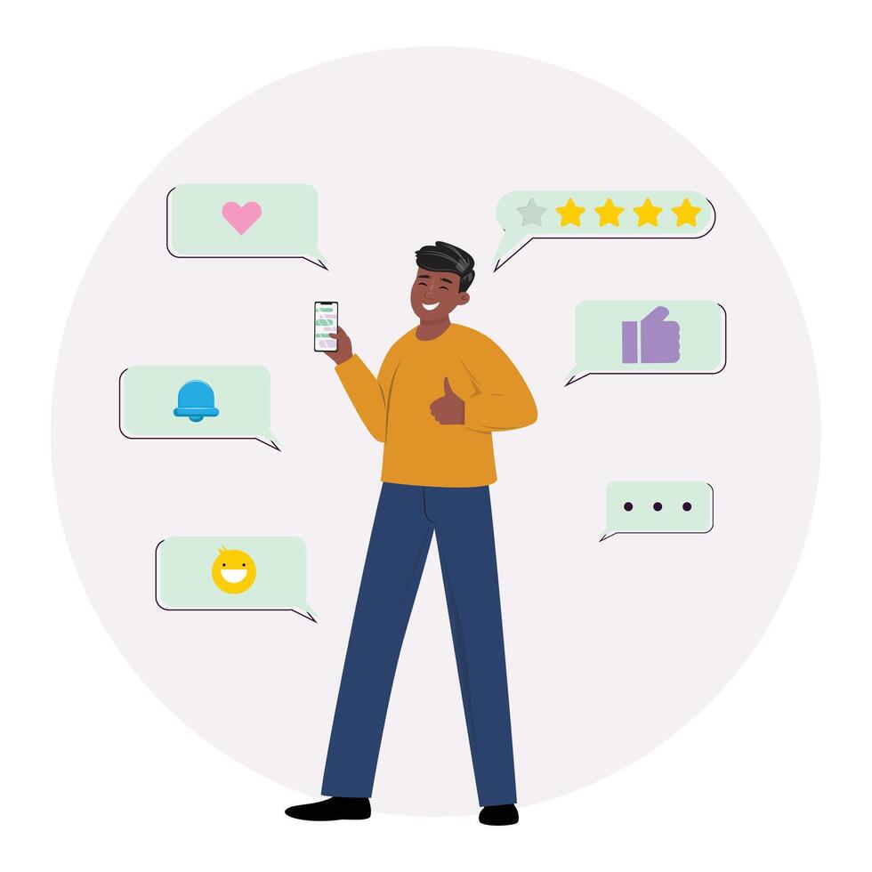 Black man standing and giving a thumbs-up with one hand while holding a cellphone showing a chat with the other vector