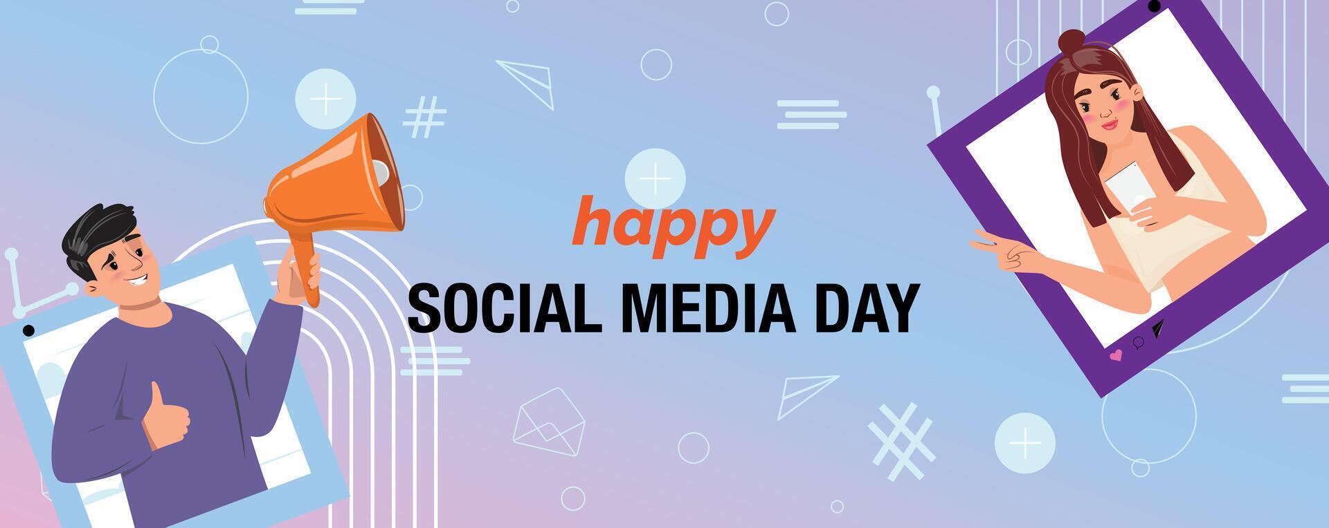 Horizontal gradient banner featuring social media interactions with young man holding a megaphone and giving a thumbs up and young woman in another social media window. Happy Social Media Day vector