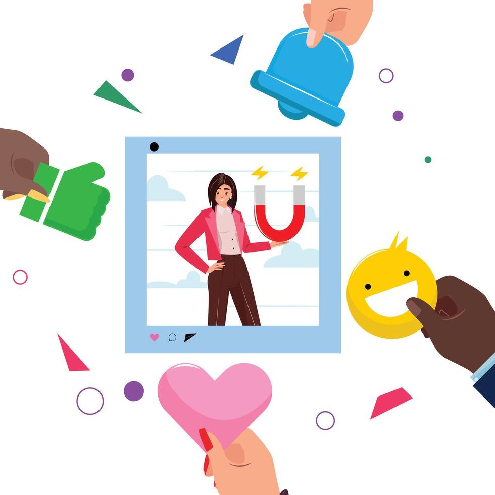 Woman in a social media window holding a magnet, surrounded by various hands holding social media elements like thumbs up, heart, and notification bell, representing vector