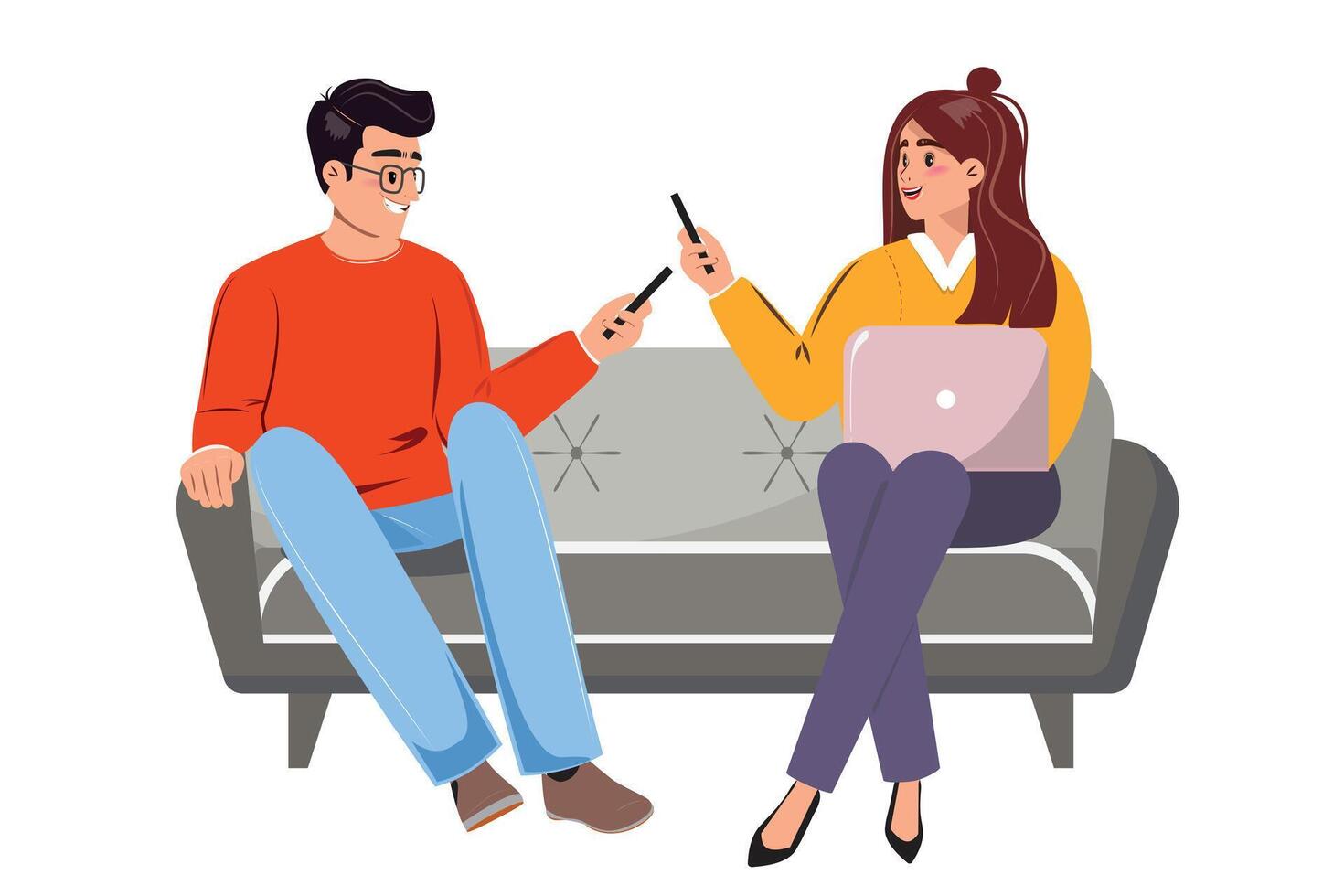Two young people sitting on a couch and using both cellphones. Social gathering, social media, device concept illustration vector
