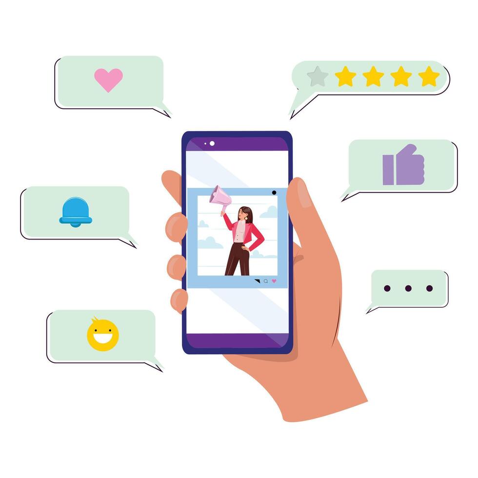 Smartphone showing a woman's social media post with a megaphone. The image is surrounded by digital interaction icons, including likes, comments, notifications and star ratings vector
