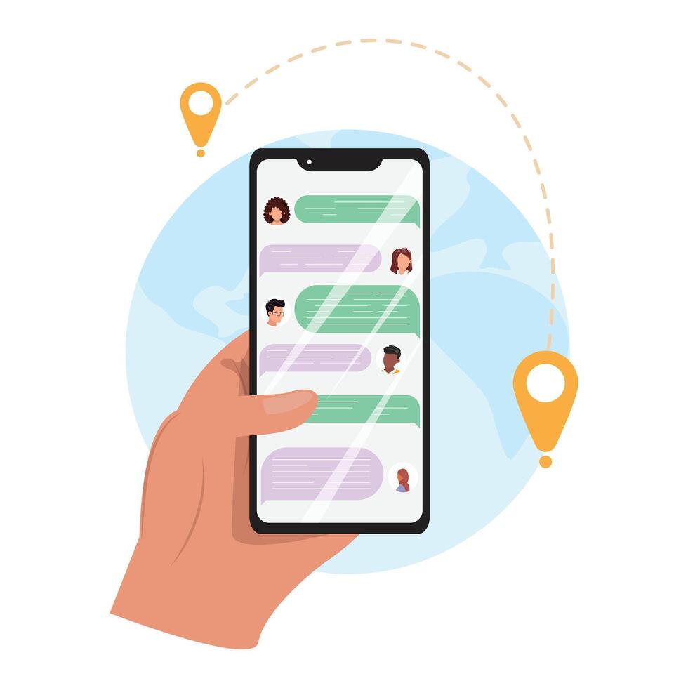 Hand holding a smartphone with a chat interface, featuring diverse user icons and location pins, representing the seamless connection across different locations worldwide vector