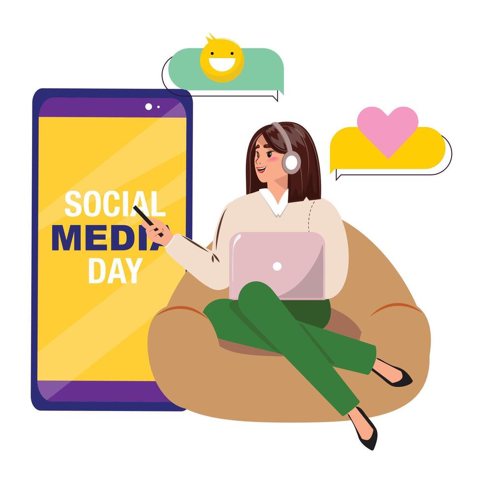 Social Media Day concept illustration with a young sitting woman wearing a headphone and using phone and laptop vector