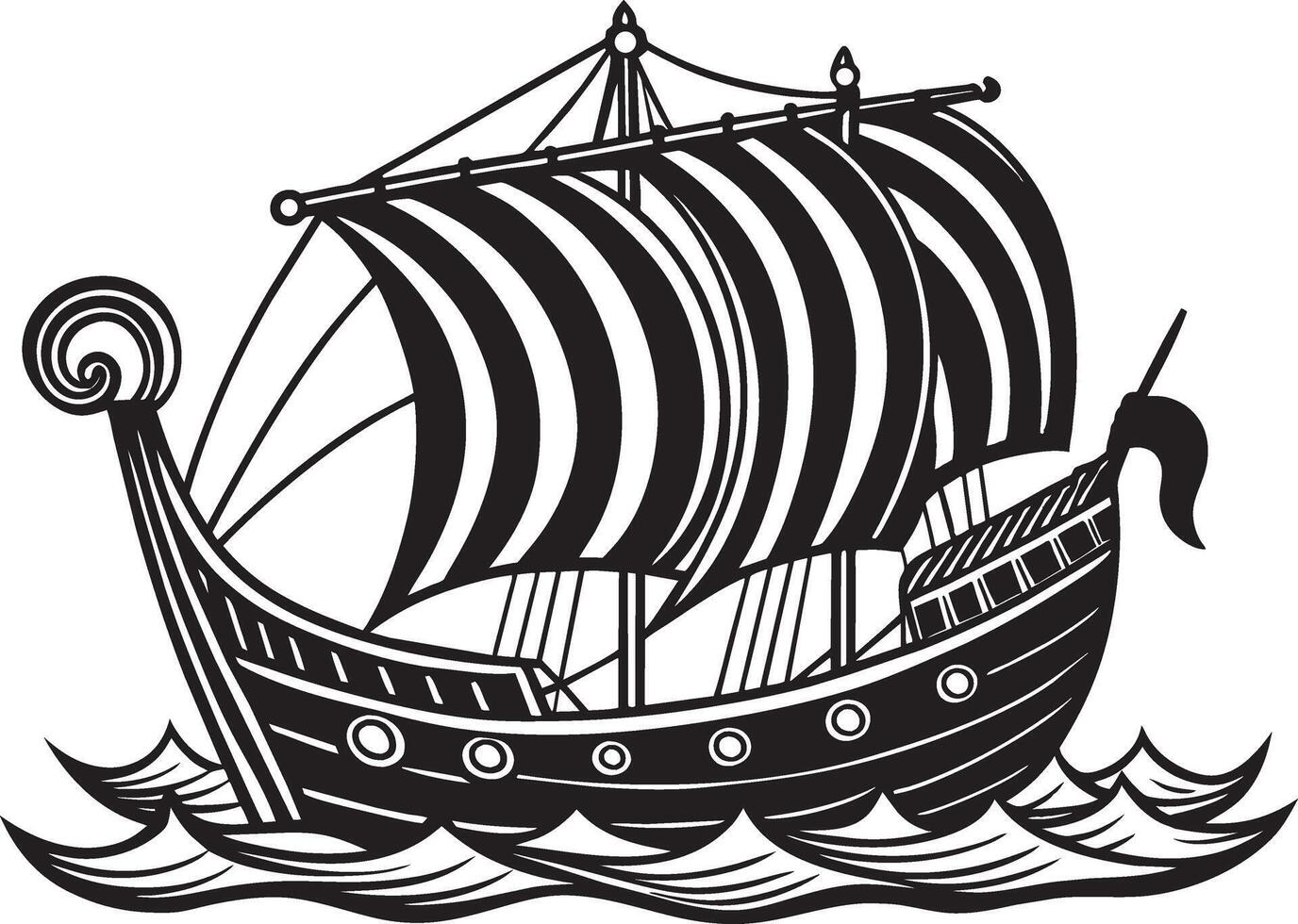 An ancient merchant ship with sails decorated with Slavic ornaments on waves vector