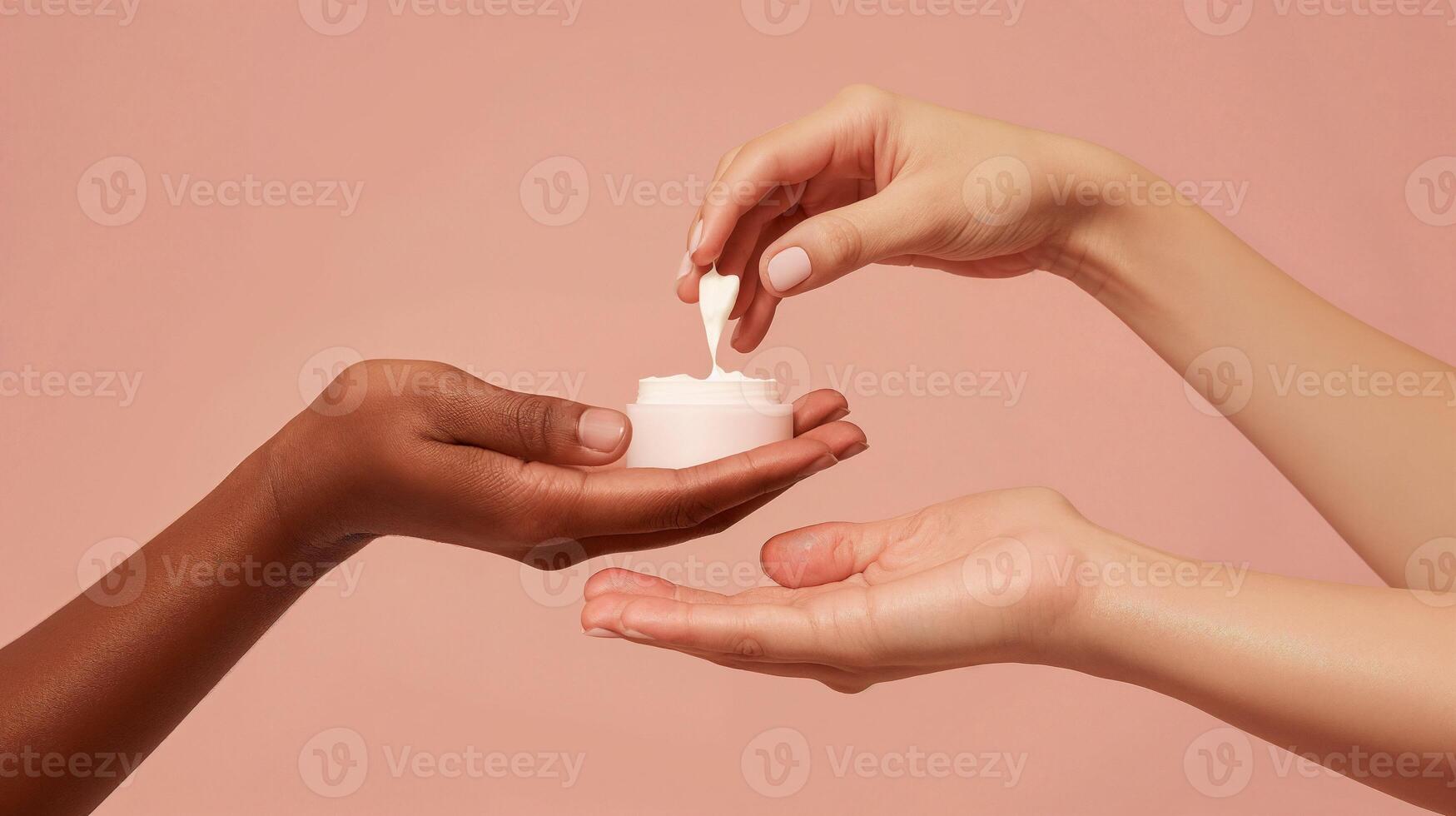 Mock Up of Two Hands Holding and Applying Cream from a Jar on Pink Background - Beauty and Cosmetics Product photo