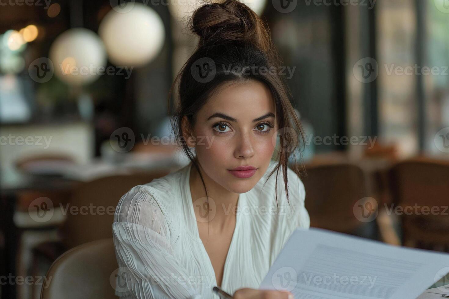 Young Woman Reading Documents in Cafe photo