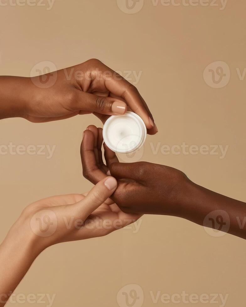 Mock Up of Hands Holding an Open Cream Jar on Beige Background - Beauty and Cosmetics Product photo