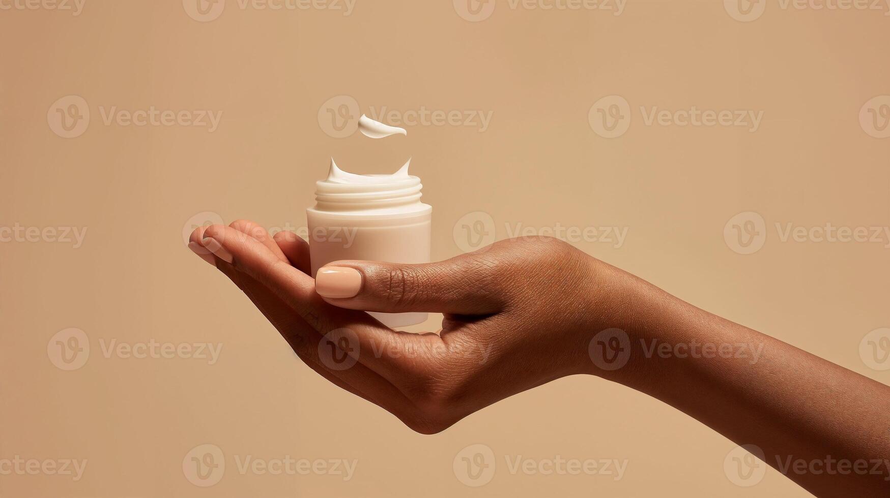 Mock-Up of Hand Holding Cream Jar with Floating Cream on Beige Background - Beauty and Cosmetics Product photo