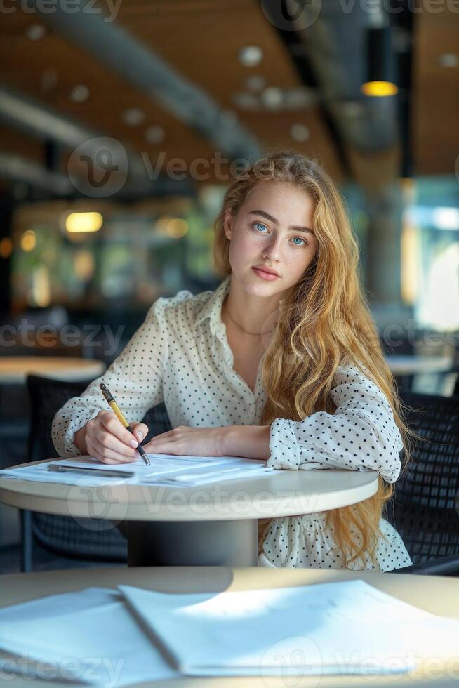 Young Woman Writing at Cafe Table photo