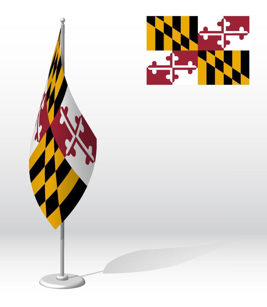 flag of american state of Maryland on flagpole for registration of solemn event. Day of state of Maryland. Realistic 3D on white vector